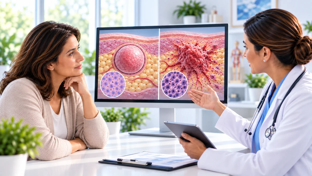 Illustration médicale calme comparant une masse bénigne bien limitée et une masse maligne irrégulière sans texte