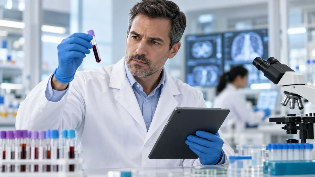 Illustration médicale d’un échantillon sanguin, de tubes de laboratoire et de cellules sanguines dans un parcours diagnostique, sans texte dans l’image