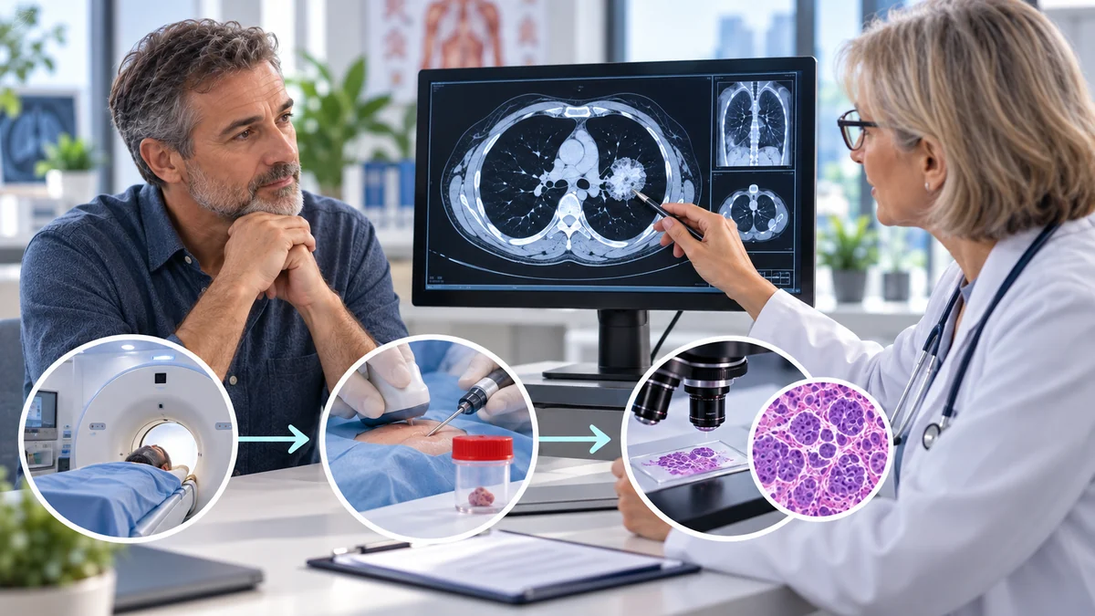 Illustration médicale du parcours diagnostique du cancer réunissant examen, imagerie, biopsie et analyse tissulaire sans texte dans l’image