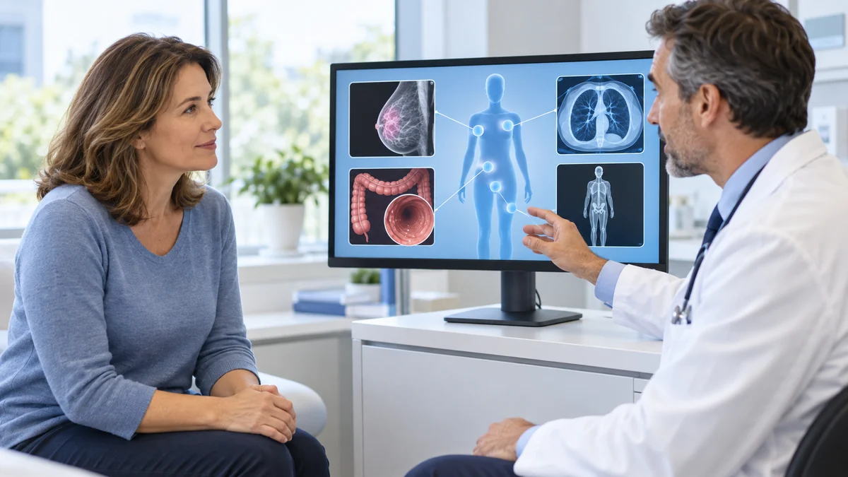 Centre de dépistage calme réunissant mammographie, imagerie pulmonaire, coloscopie et échantillons de laboratoire sans texte