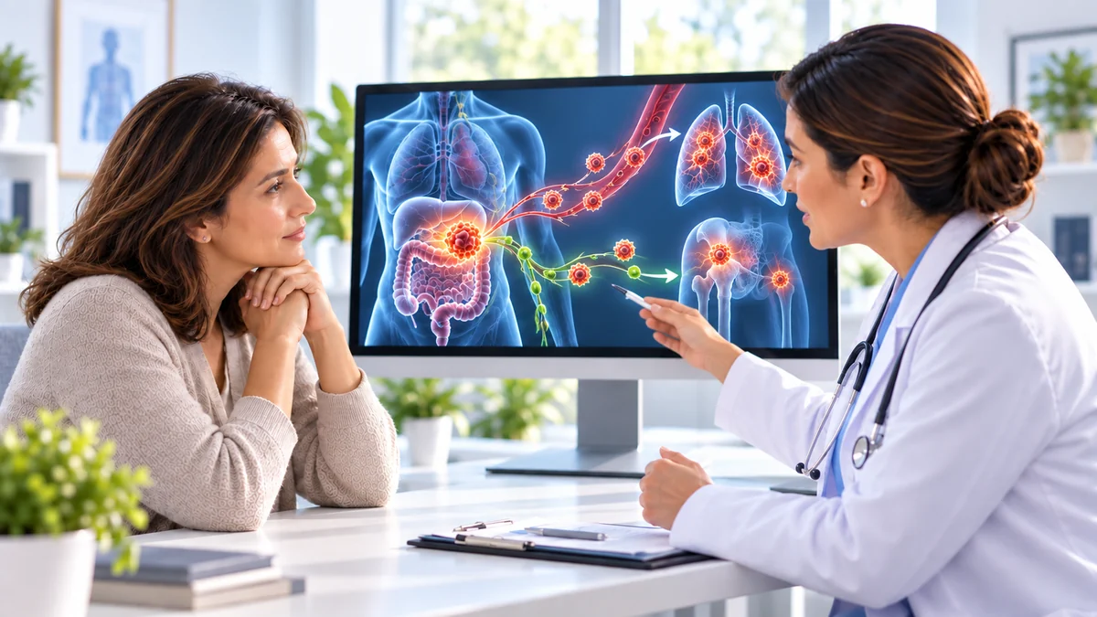 Illustration médicale calme de cellules tumorales passant d’une tumeur primaire vers un organe distant sans texte