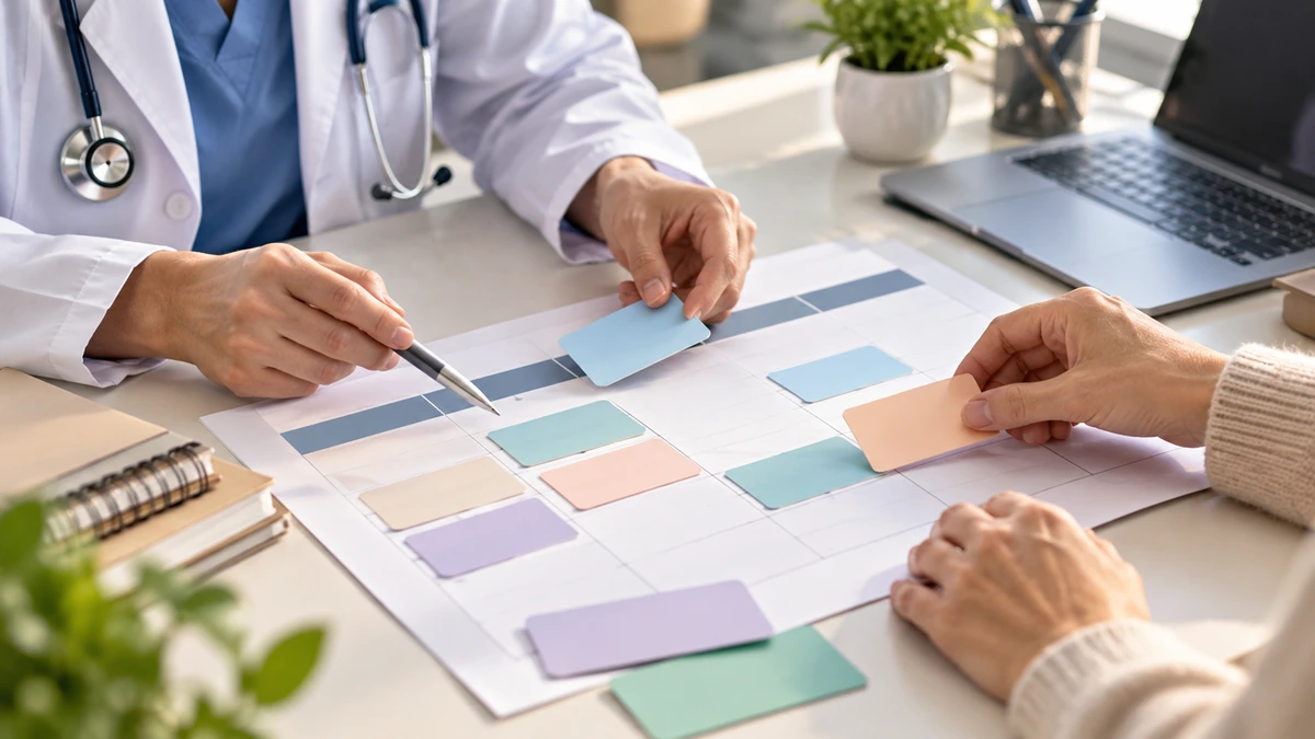 Illustration of a clinician's torso with a stethoscope and hands arranging blank appointment tiles.